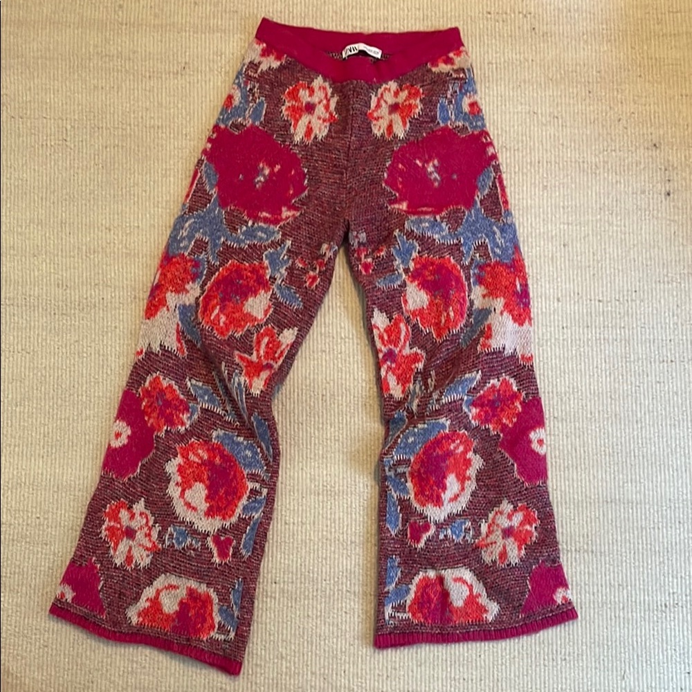 Zara Wide Leg Pants Blue and Red Floral